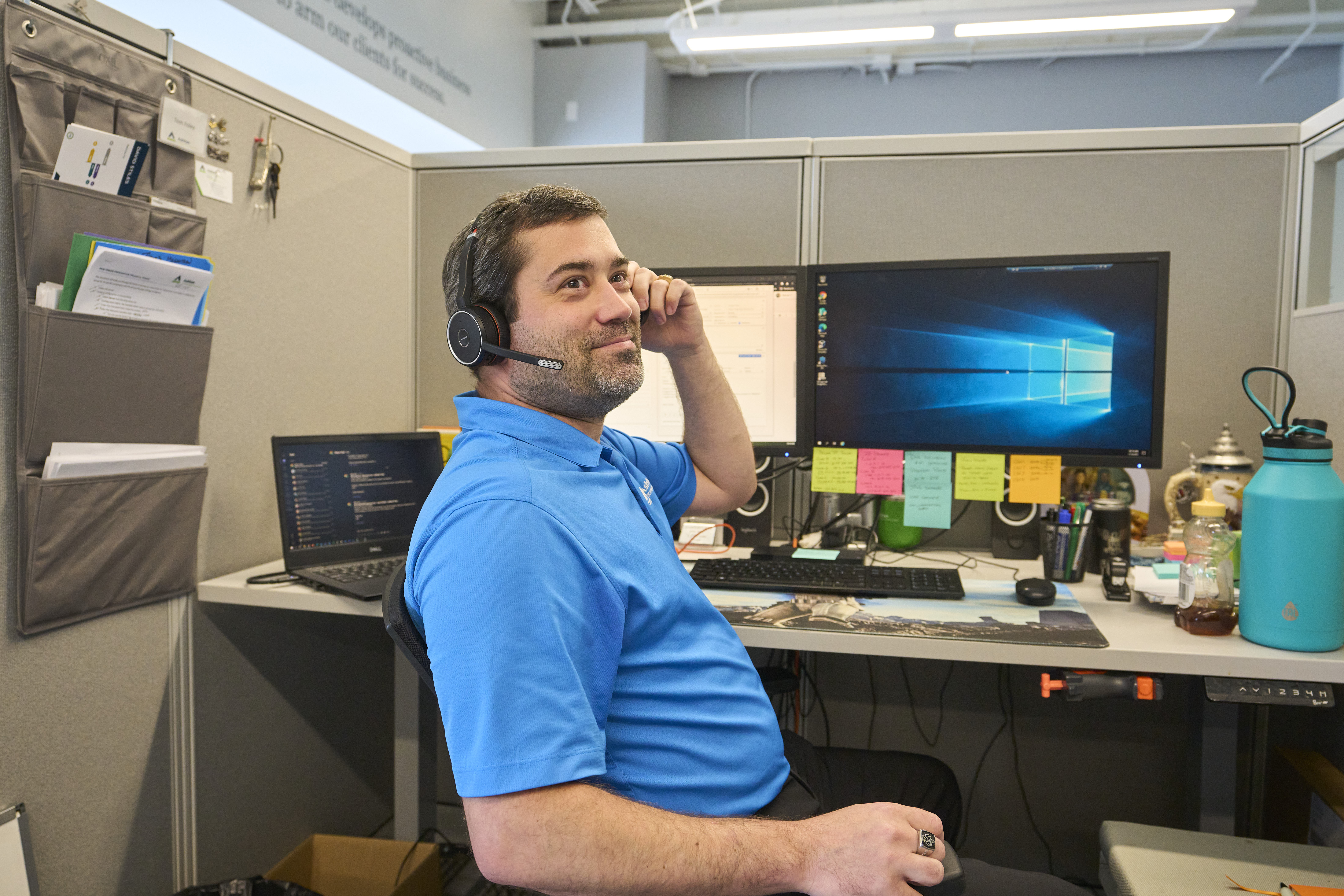 Smiling at desk